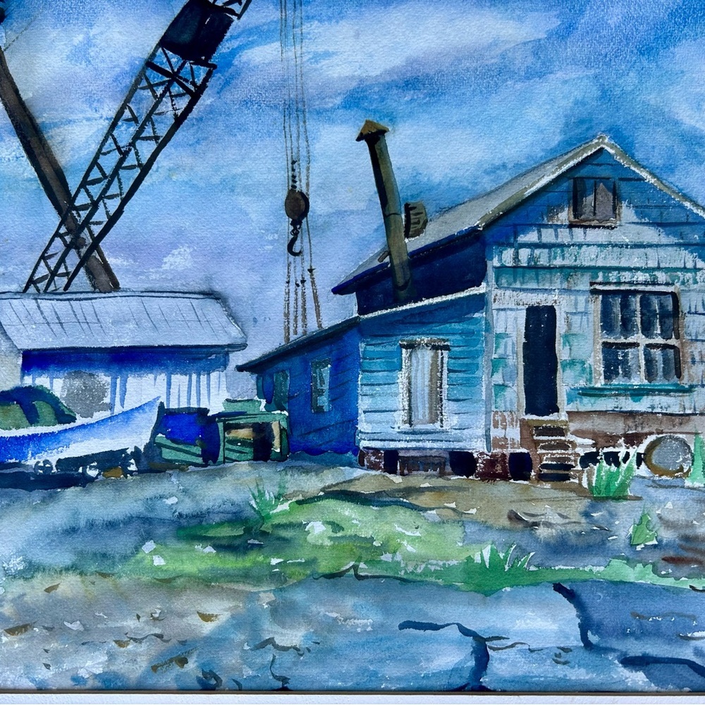 Vintage Seaside Watercolor Painting: Boatyard Scene by Margaret Ostranded - Picture 3 of 10